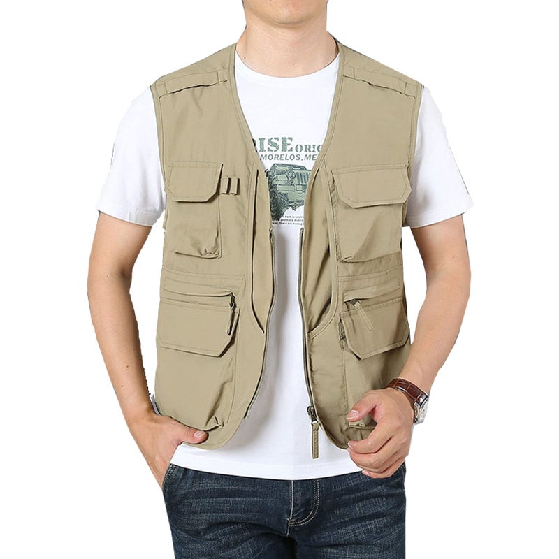 Perbai Men's Black Utility Fishing Vest Outdoor Summer Lightweight Work Photo Safari Cargo Vest(Khaki-M) - Image 1