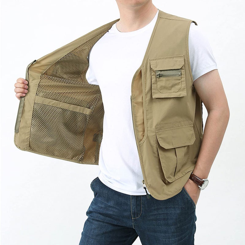 Perbai Men's Black Utility Fishing Vest Outdoor Summer Lightweight Work Photo Safari Cargo Vest(Khaki-M) - Image 4