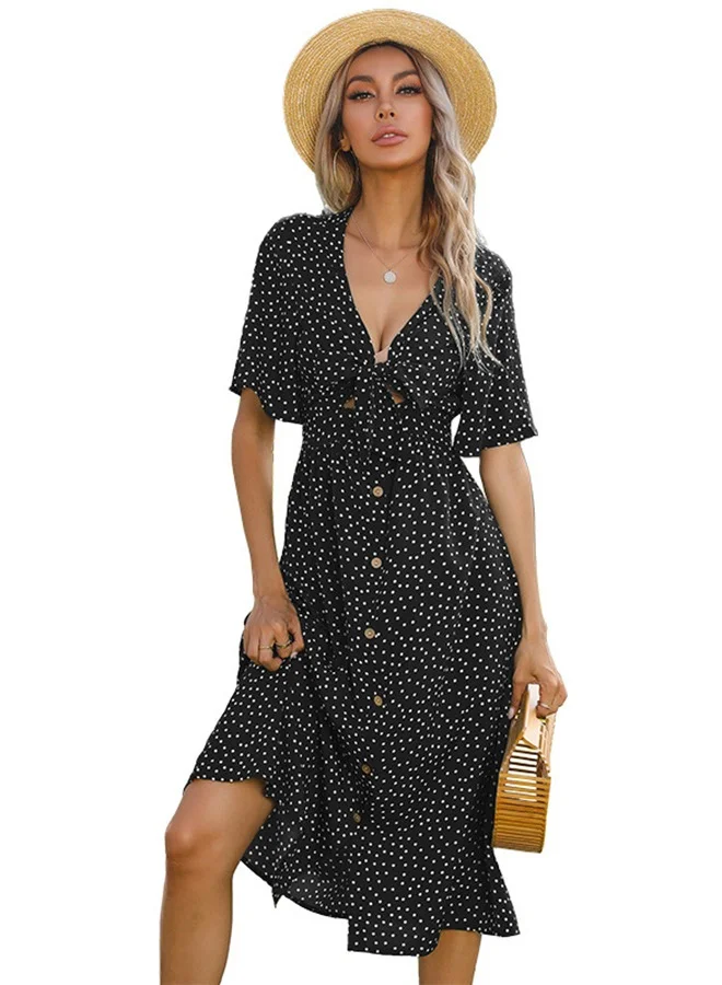 يونيكي Black Polka Dot Print Midi Dress