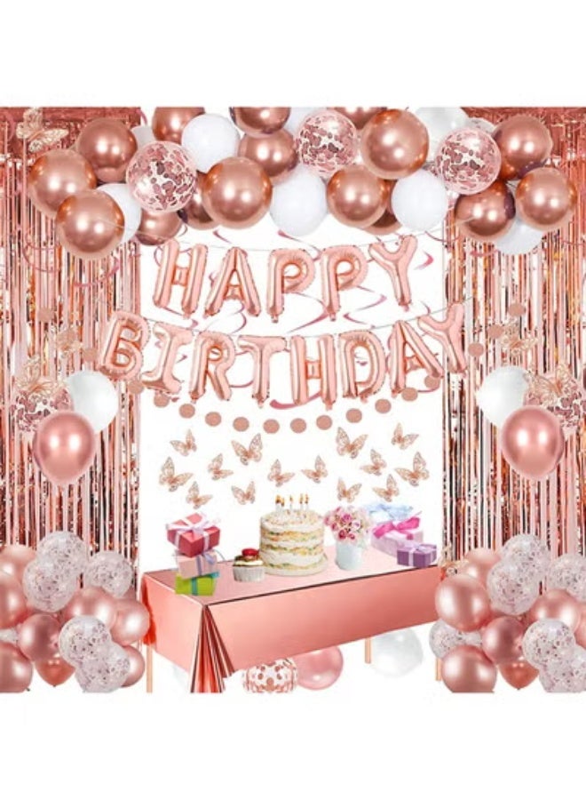 fantasize Rose Gold Happy Birthday Party Decorations for Women, Happy Birthday Banner for Her, Fringe Curtains, Foil Tablecloth, Confetti Balloons, Butterfly Decor for 13th 16th 18th 21st 30th 40th 50th - Image 1