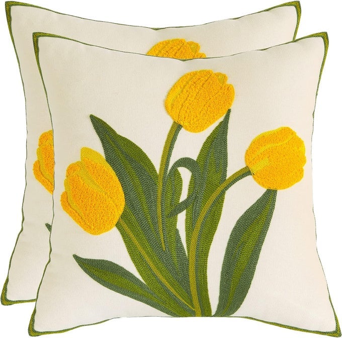 EMBROIDERY THROW PILLOW COVERS 16X16 INCH PACK OF 2 YELLOW TULIP FLOWER PILLOWCASES SPRING PILLOW COVERS FOR COUCH COTTON CANVAS CUSHION COVER SQUARE FARMHOUSE FLORAL DECOR PILLOW CASE