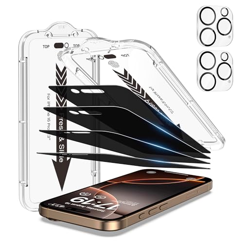 EZ-GLAZ 4-Pack Screen Protectors for iPhone 16 Pro[6.3"] Black Privacy with Flawless Fit Kit + 2-Pack Camera Lens Protector, 15-Second Bubble-Free Installation, 9H Hardness, 12FT Military Grade Shatterproof, Scratch Resistant, Tempered Glass - Image 1