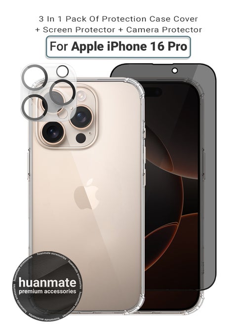 3 in 1 Apple iPhone 16 Pro Protection Pack - Ultra Clear Shockproof Case, Anti-Peeping Privacy Glass Screen Protector & Camera Lens Protector, 360’ Protection, Easy Installation