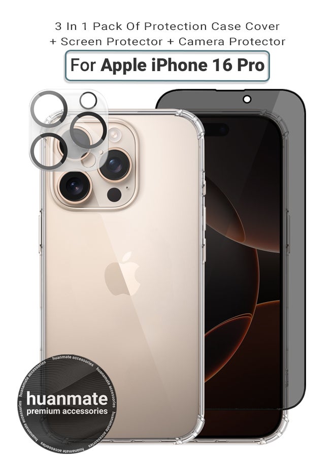 3 in 1 Apple iPhone 16 Pro Protection Pack - Ultra Clear Shockproof Case, Anti-Peeping Privacy Glass Screen Protector & Camera Lens Protector, 360’ Protection, Easy Installation