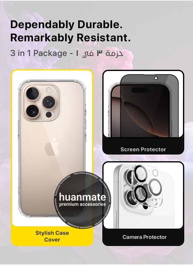 3 in 1 Apple iPhone 16 Pro Protection Pack - Ultra Clear Shockproof Case, Anti-Peeping Privacy Glass Screen Protector & Camera Lens Protector, 360’ Protection, Easy Installation
