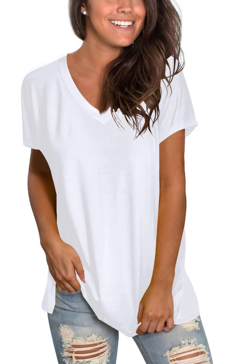 Sipaya Sexy Summer V Neck T Shirts for Women Short Sleeve Loose Fitting Tops for Leggings White S - Image 2