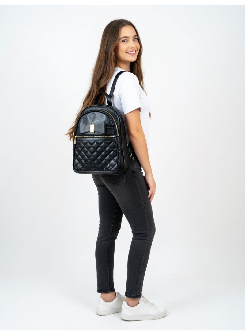 Elegant Quilted Bow Backpack – Premium Fashion Mini Backpack for Women-Black - Image 4