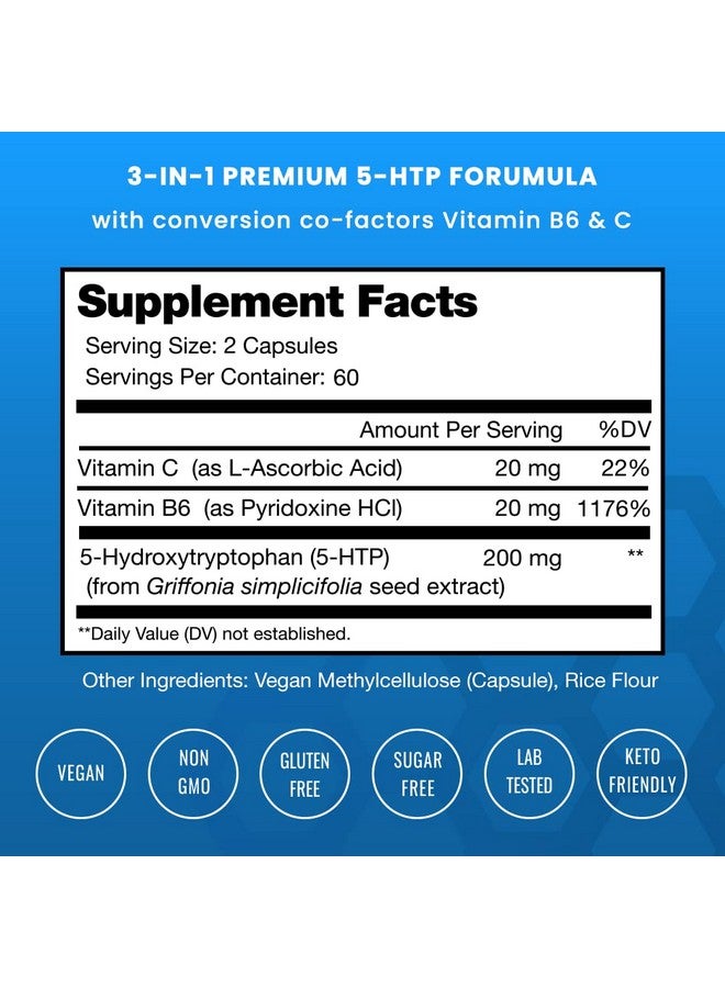 NutraChamps NutraChamps 5-HTP 200mg, 120 Vegan Capsules, Pure 5HTP 100mg Plus Co-Factors Vitamin B6 & Vitamin C - Image 2