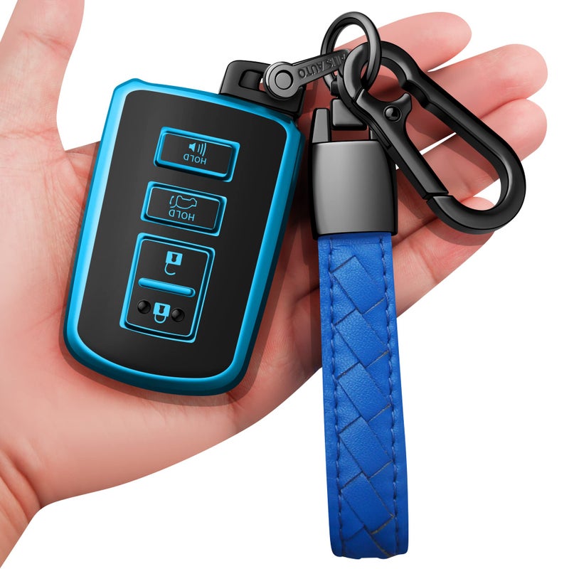 Sindeda for Toyota Key fob Cover with Leather KeychainSoft TPU Full Cover Protection Key Case for Toyota Corolla Camry Avalon Rav 4 Highlander Key Fob Shell Blue