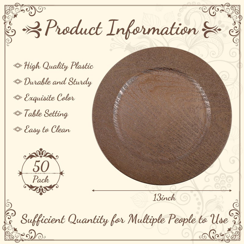 Mifoci 50 Pcs Faux Wooden Charger Plates 13 Inch Round Rustic Plastic Plates Antique Design Bulk Decorative Chargers for Dinner Tray for Wedding Dinner Table Farmhouse Party Event(Brown) - Image 2