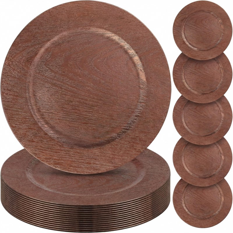 Mifoci 50 Pcs Faux Wooden Charger Plates 13 Inch Round Rustic Plastic Plates Antique Design Bulk Decorative Chargers for Dinner Tray for Wedding Dinner Table Farmhouse Party Event(Brown) - Image 1