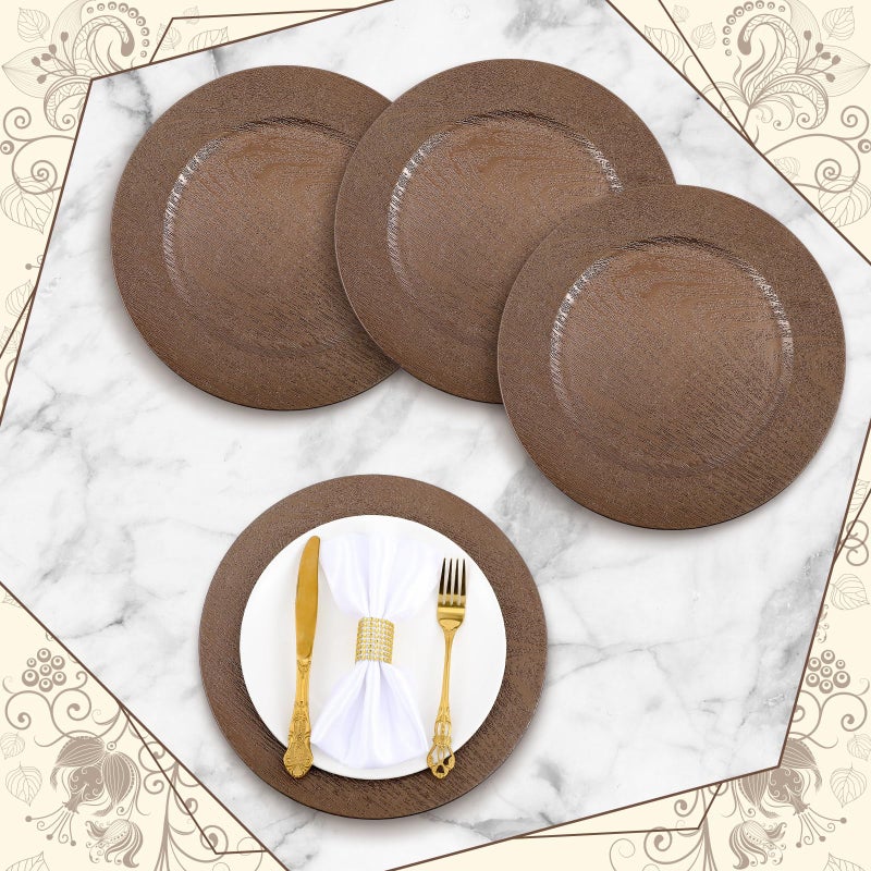Mifoci 50 Pcs Faux Wooden Charger Plates 13 Inch Round Rustic Plastic Plates Antique Design Bulk Decorative Chargers for Dinner Tray for Wedding Dinner Table Farmhouse Party Event(Brown) - Image 3