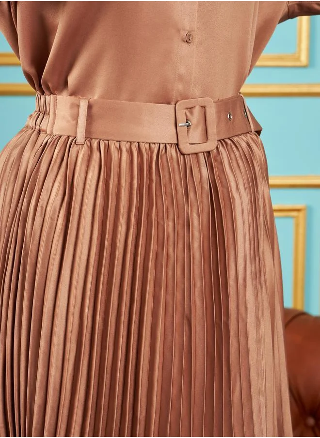 SASSAFRAS Pleated Satin Midi Skirt by Styli