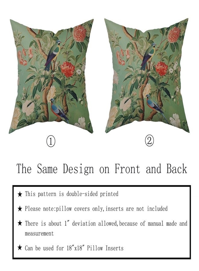 Sweetshow Green Chinoiserie Pillow Cover 16x16 Inch Vintage Bird Flower Throw Pillow Covers Farmhouse Floral Decorative Pillowcase Outdoor Cotton Square Cushion Cover for Couch Sofa Bedroom Decor (Pack of 2) - Image 4