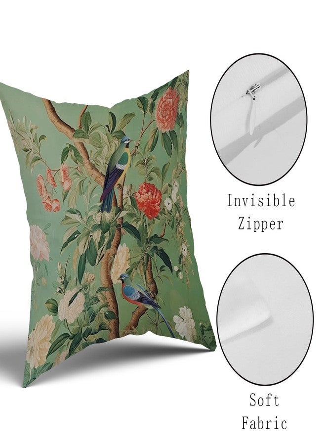 Sweetshow Green Chinoiserie Pillow Cover 16x16 Inch Vintage Bird Flower Throw Pillow Covers Farmhouse Floral Decorative Pillowcase Outdoor Cotton Square Cushion Cover for Couch Sofa Bedroom Decor (Pack of 2) - Image 3