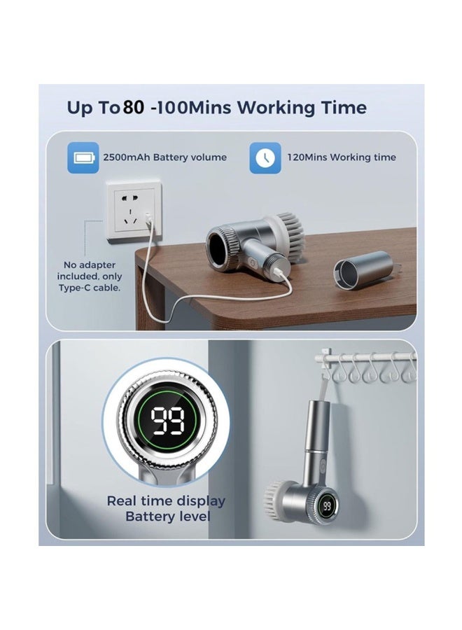 إثارة فرشاة تنظيف كهربائية، فرشاة دوارة كهربائية، فرشاة كهربائية لاسلكية، 5 رؤوس فرشاة قابلة للاستبدال، 3 سرعات، 1200 مللي أمبير في الساعة، فرشاة دش كهربائية محمولة لحوض الاستحمام والأرضيات والجدران والبلاط والمرحاض والنوافذ والحوض، رمادي - Image 4