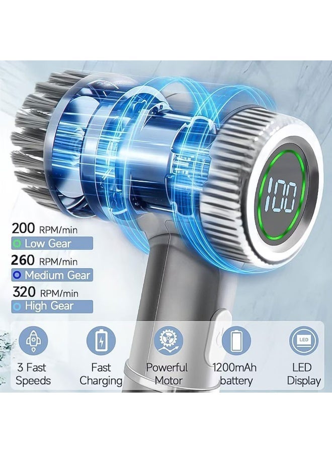 إثارة فرشاة تنظيف كهربائية، فرشاة دوارة كهربائية، فرشاة كهربائية لاسلكية، 5 رؤوس فرشاة قابلة للاستبدال، 3 سرعات، 1200 مللي أمبير في الساعة، فرشاة دش كهربائية محمولة لحوض الاستحمام والأرضيات والجدران والبلاط والمرحاض والنوافذ والحوض، رمادي - Image 2