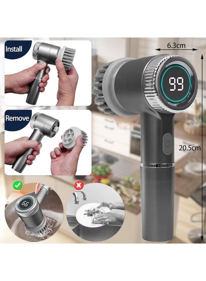 إثارة فرشاة تنظيف كهربائية، فرشاة دوارة كهربائية، فرشاة كهربائية لاسلكية، 5 رؤوس فرشاة قابلة للاستبدال، 3 سرعات، 1200 مللي أمبير في الساعة، فرشاة دش كهربائية محمولة لحوض الاستحمام والأرضيات والجدران والبلاط والمرحاض والنوافذ والحوض، رمادي - Image 3