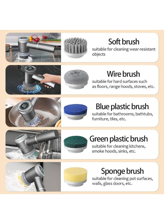 إثارة فرشاة تنظيف كهربائية، فرشاة دوارة كهربائية، فرشاة كهربائية لاسلكية، 5 رؤوس فرشاة قابلة للاستبدال، 3 سرعات، 1200 مللي أمبير في الساعة، فرشاة دش كهربائية محمولة لحوض الاستحمام والأرضيات والجدران والبلاط والمرحاض والنوافذ والحوض، رمادي - Image 5