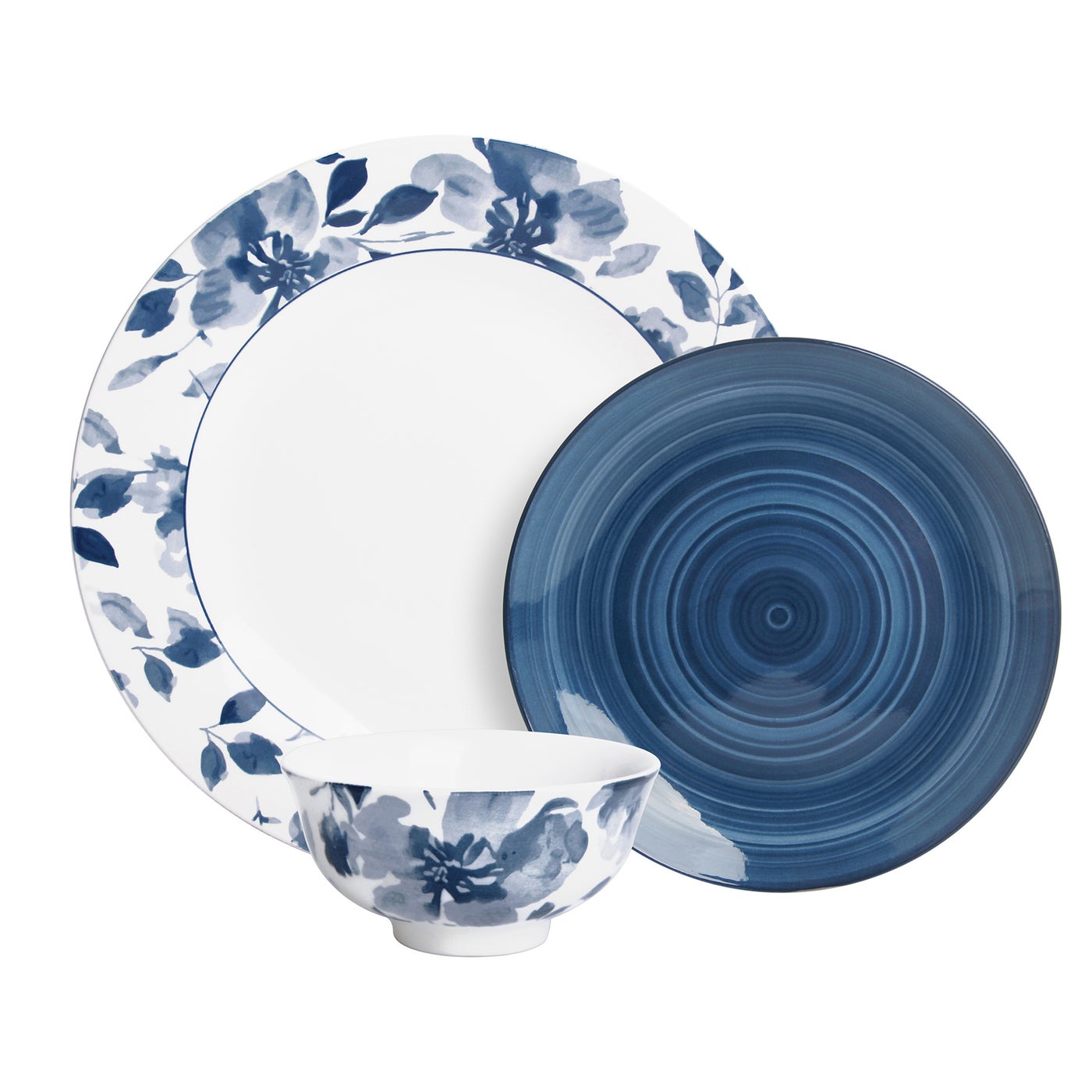 Shallow STAL Porcelain 18 Pc Dinner Set White|Blue Floral Pattern Dinnerware Set| Dinner Plates Side Plates and Bowls Dishwasher and Microwave Safe Tableware for Ramadan Iftar Family Dining
