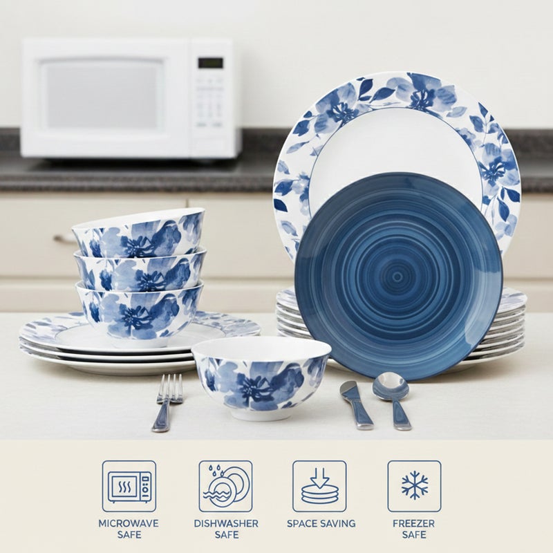 Shallow طقم عشاء شالو STAL من البورسلين 18 قطعة أبيض|نمط زهور أزرق - Image 3