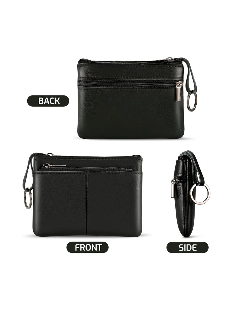 SYOSI Leather Coin Pouch, Triple Zipper Wallet with Key Ring Attachment Compact Coin Purse Minimalist Key Wallet Pocket-sized Card Holder Functional Keyring Wallet Versatile Leather Pouch for Unisex(Black) - Image 4