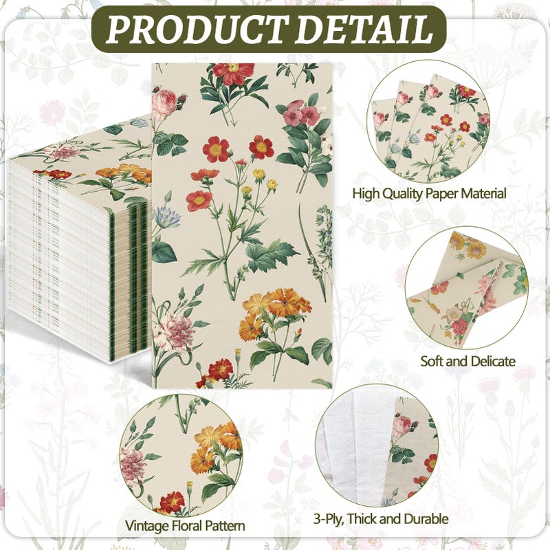 IANFEPH 100PCS Floral Paper Napkins 3 Ply Disposable Hand Towels for Bathroom Vintage Wildflower Guest Napkins Decorative Wild Flower Dinner Napkins for Bridal Baby Shower Wedding Birthday Spring Tea Party  - Image 2
