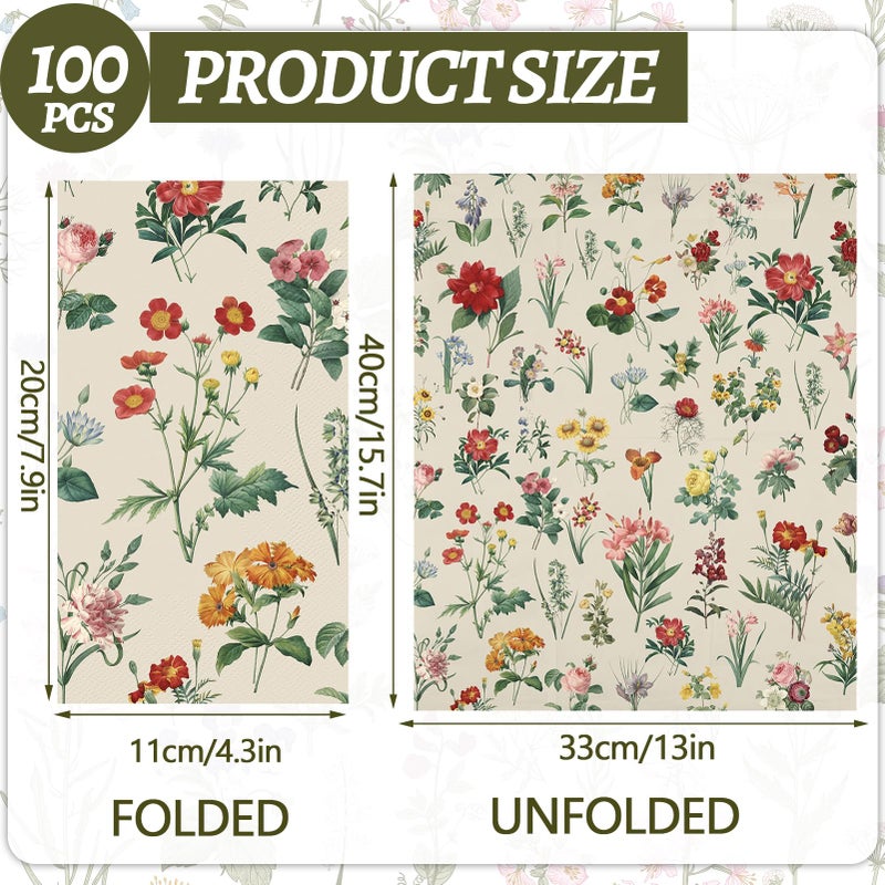 IANFEPH 100PCS Floral Paper Napkins 3 Ply Disposable Hand Towels for Bathroom Vintage Wildflower Guest Napkins Decorative Wild Flower Dinner Napkins for Bridal Baby Shower Wedding Birthday Spring Tea Party  - Image 1