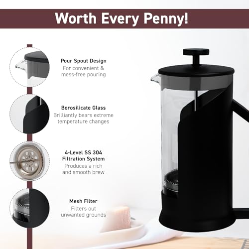 Dravina French Press Coffee Maker with 4-Layer Filtration (600ml) | Tea Maker Machine with Heat-Resistant Glass | Easy to Clean, BPA-Free | Durable Plastic, Comes with Spoon (Black) - Image 5