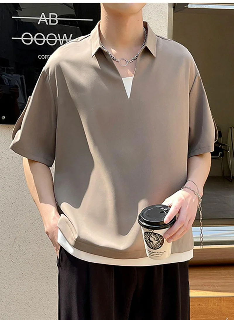 YUNIQEE Brown Men Polo Collar Roll-Up Sleeves T-shirt