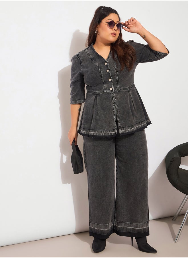 SASSAFRAS Plus Size Plain Denim Metal Button Peplum Top and Jeans Co-Ords  - Image 1