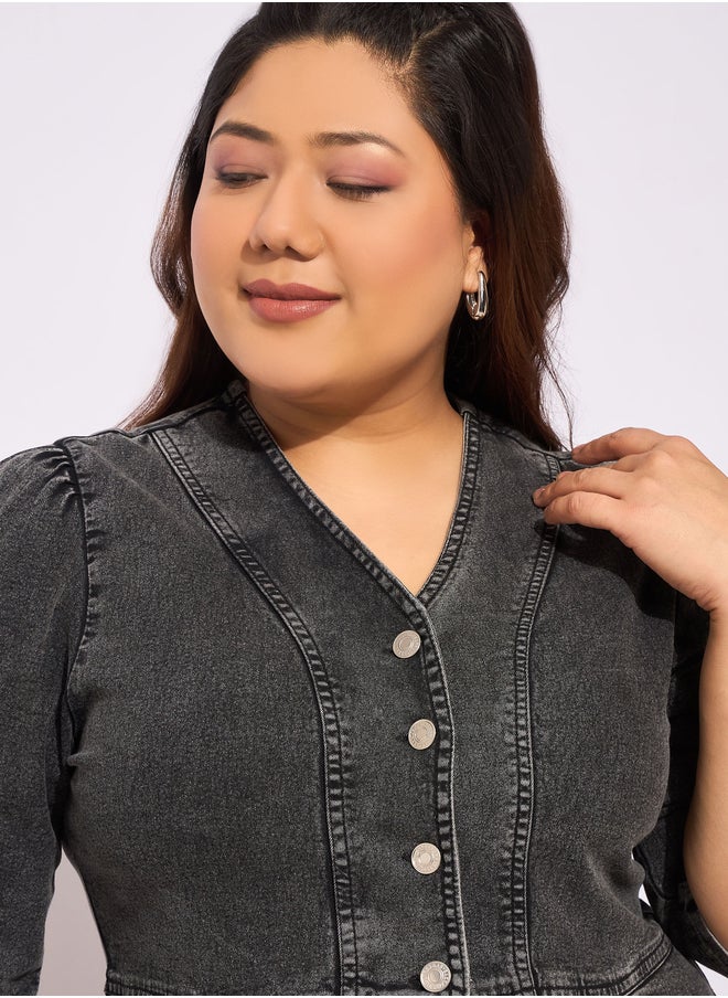 SASSAFRAS Plus Size Plain Denim Metal Button Peplum Top and Jeans Co-Ords  - Image 3