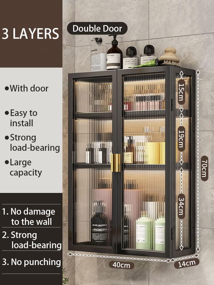 مومو بير Bathroom Shelf Wall Mounted Storage Cabinet with Clear Doors for Bedroom Bathroom Kitchen Laundry Room Storage Shelves (Double Door - 40cm) - Image 2