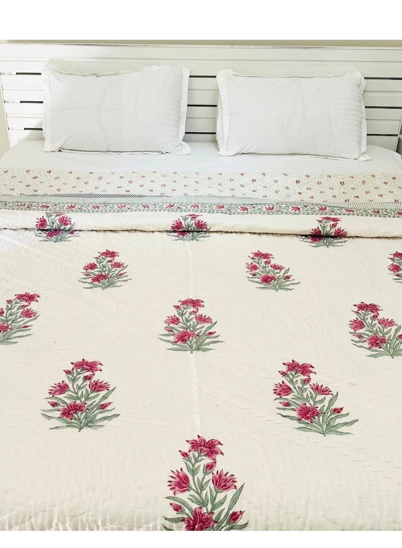 IndiaWeaves King Size Floral Print Cotton Quilts -  White - Image 1