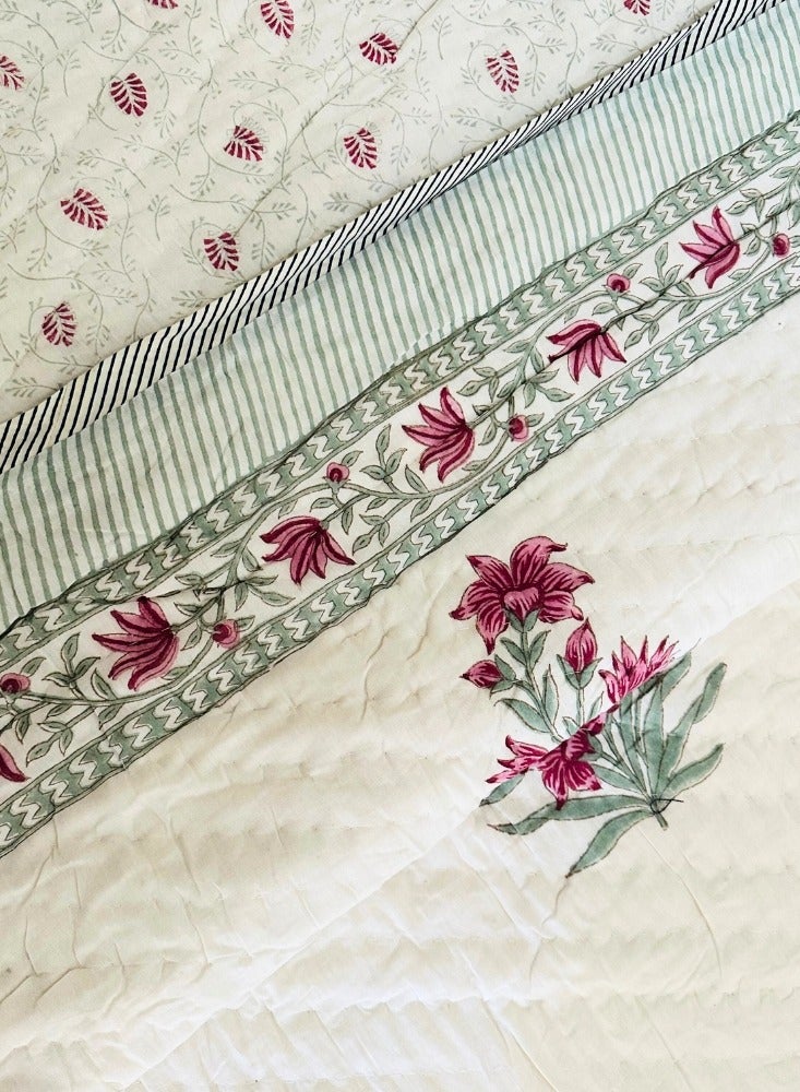 IndiaWeaves King Size Floral Print Cotton Quilts -  White - Image 2