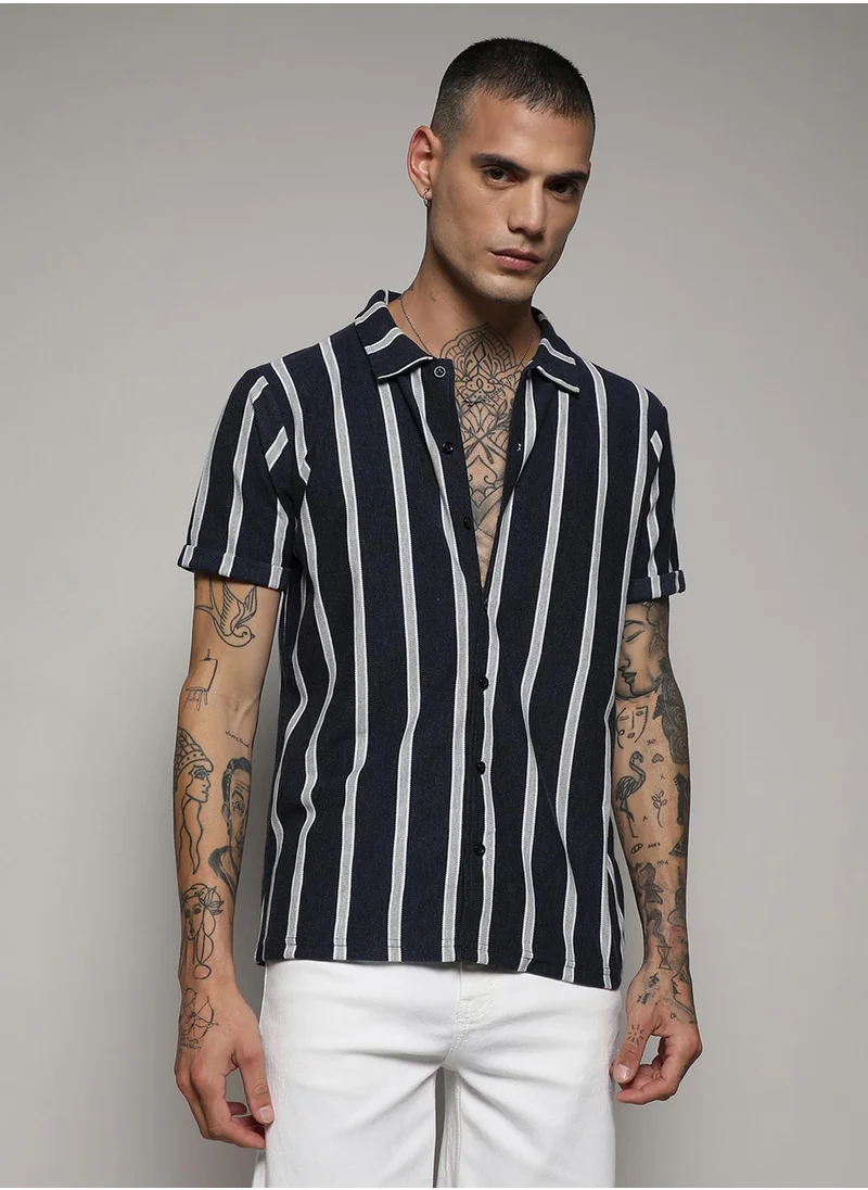 كامبوس سوترا Men's Prussian Blue Contrast Halo Striped Shirt