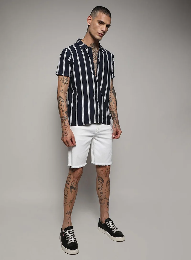 كامبوس سوترا Men's Prussian Blue Contrast Halo Striped Shirt