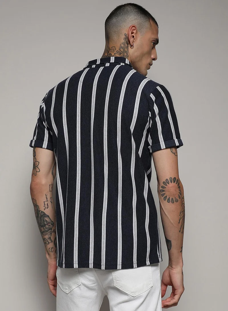 كامبوس سوترا Men's Prussian Blue Contrast Halo Striped Shirt