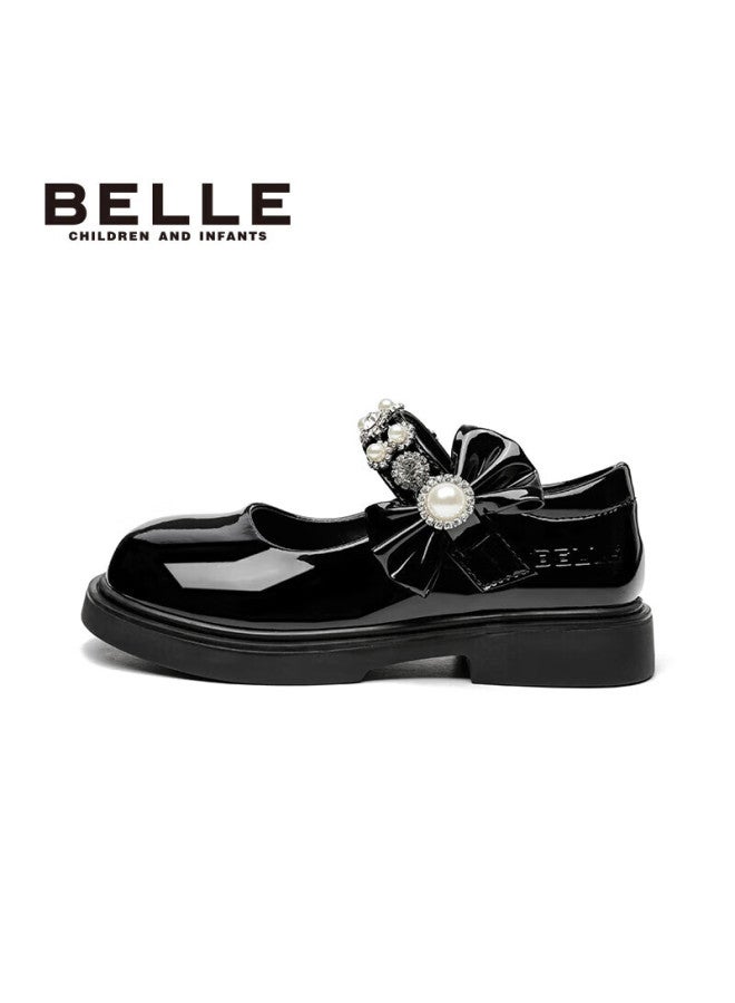 Belle Children's Shoes , Girls' Black Leather Shoes, Spring Performance Flats, Back-to Student Shoes, Princess Shoes, Black, Size 32 - Image 1