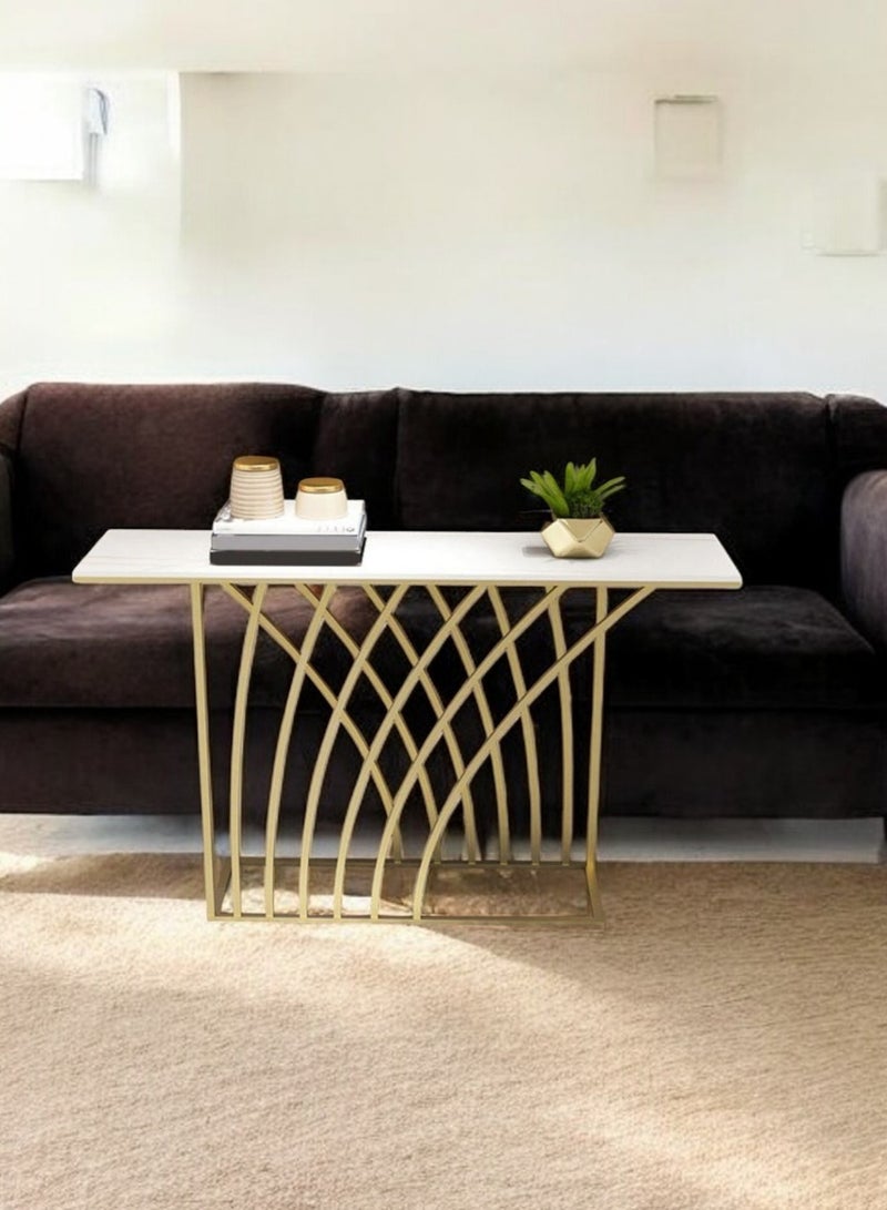 fan baytk Modern pyramid arch entrance table, ideal dimensions: 110 cm length, 100 cm height, 30 cm width, a design that combines elegance and modernity, with a luxurious touch for every space. Made of metal and marble-like wood to ensure a combination of strength, daily durability, beauty and attractive appearance, easy-to-clean wooden surface, ideal for use in the home or office. - Image 3