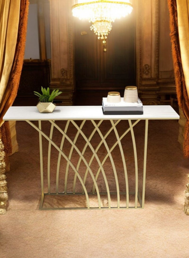 fan baytk Modern pyramid arch entrance table, ideal dimensions: 110 cm length, 100 cm height, 30 cm width, a design that combines elegance and modernity, with a luxurious touch for every space. Made of metal and marble-like wood to ensure a combination of strength, daily durability, beauty and attractive appearance, easy-to-clean wooden surface, ideal for use in the home or office. - Image 1