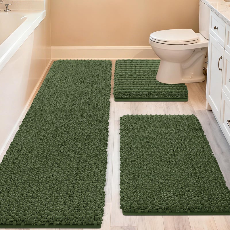 ACCUMTEK Upgrade Extra Large Oliver Green Bathroom Rug Set 3 Pieces Ultra Soft, Thick Absorbent Bath Mats, Non Slip Chenille Toilet Mat for Bathroom, Bedroom, Kitchen - Image 1