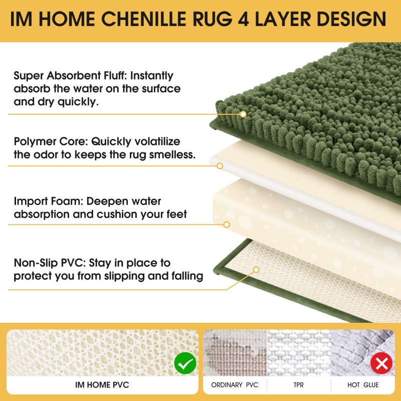 ACCUMTEK Upgrade Extra Large Oliver Green Bathroom Rug Set 3 Pieces Ultra Soft, Thick Absorbent Bath Mats, Non Slip Chenille Toilet Mat for Bathroom, Bedroom, Kitchen - Image 4