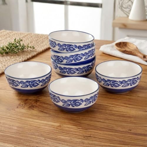 Yourowndcor Hand-Painted Multicolored Ceramic Floral Bowls Set (6 Pack, 180 ML, Medium Size, Blue, Glossy Finish, Round Shape, Microwave & Dishwasher Safe) - Image 1