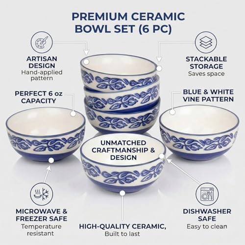 Yourowndcor Hand-Painted Multicolored Ceramic Floral Bowls Set (6 Pack, 180 ML, Medium Size, Blue, Glossy Finish, Round Shape, Microwave & Dishwasher Safe) - Image 4