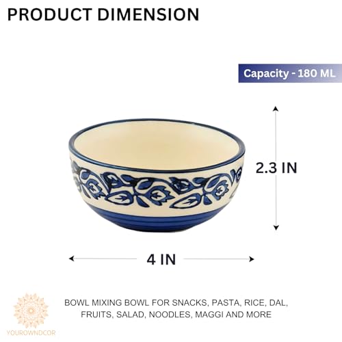 Yourowndcor Hand-Painted Multicolored Ceramic Floral Bowls Set (6 Pack, 180 ML, Medium Size, Blue, Glossy Finish, Round Shape, Microwave & Dishwasher Safe) - Image 5