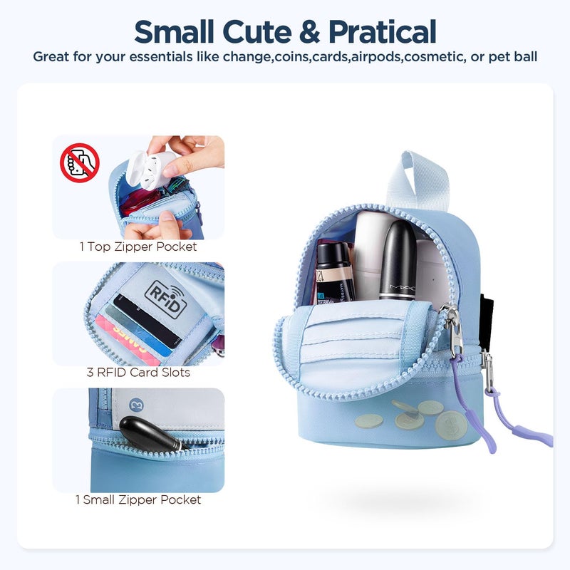 Babysun Mini Backpack Keychain Wristlet Pouch Small Change Coin Purse Cute Zipper Wallet With 3 RFID Card Slots For Women/Men Airpods Cosmetics (Grey Blue) - Image 4