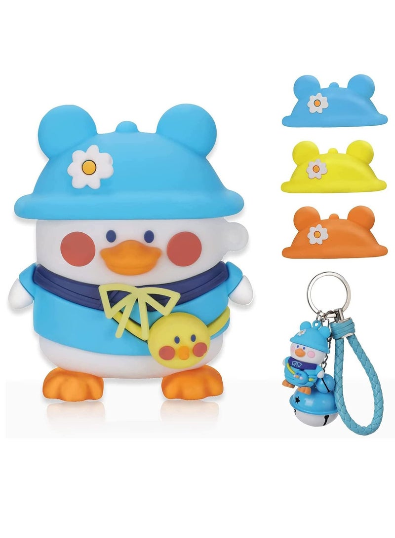 for Airpods 1/2 case Cover with Keychain, Full Protective Silicone AirPods Accessories Skin Cover, 3D Cartoon Case, 3 Hat(Changeable Hat Duck) - Image 1