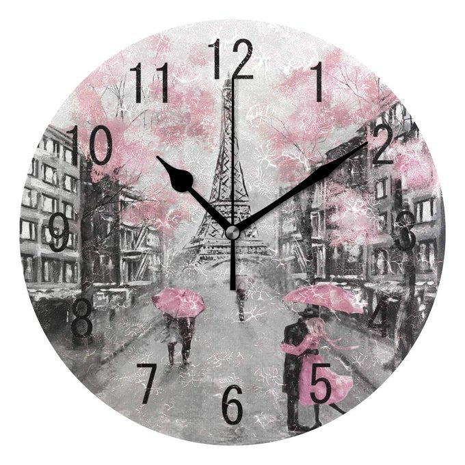 HOME DECOR OIL PAINTING PARIS EIFFEL TOWER ART ROUND ACRYLIC 95 INCH WALL CLOCK NON TICKING SILENT CLOCK ART FOR LIVING ROOM KITCHEN BEDROOM