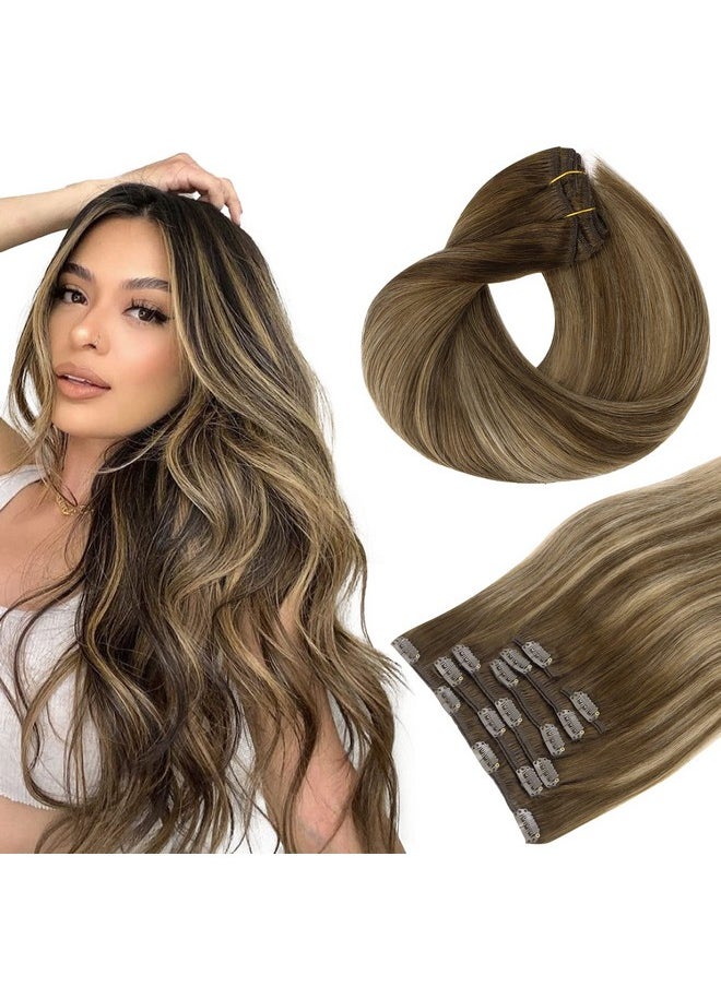 hotbanana - Human Hair Clip In Hair Extensions Balayage Chocolate Brown With Honey Blonde 120G Clip In Hair Extensions Real Human Hair Straight Remy Hair Clip Ins Dark Roots Ombre 16 Inch 7Pcs - Image 1